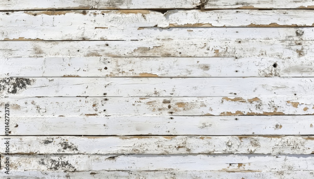 Weathered white wood plank wall with chipped paint and knots. Weathered white wood plank wall with chipped paint and knots.
