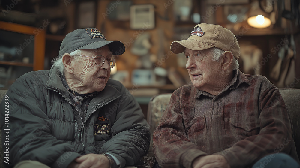 Veterans sharing their stories, in a cozy setting, with personal memorabilia displayed, creating an intimate and educational experience Veterans sharing their stories, in a cozy setting, with personal memorabilia displayed, creating an intimate and educational experience