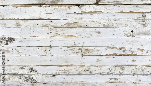 Weathered white wood plank wall with chipped paint and knots.