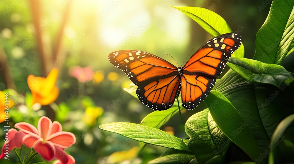 Obraz premium A butterfly resting on vibrant flowers and leaves.