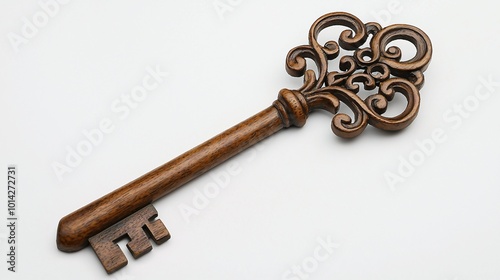 An ornate key against a plain backdrop highlights intricate craftsmanship, embodying timeless elegance and antique charm.