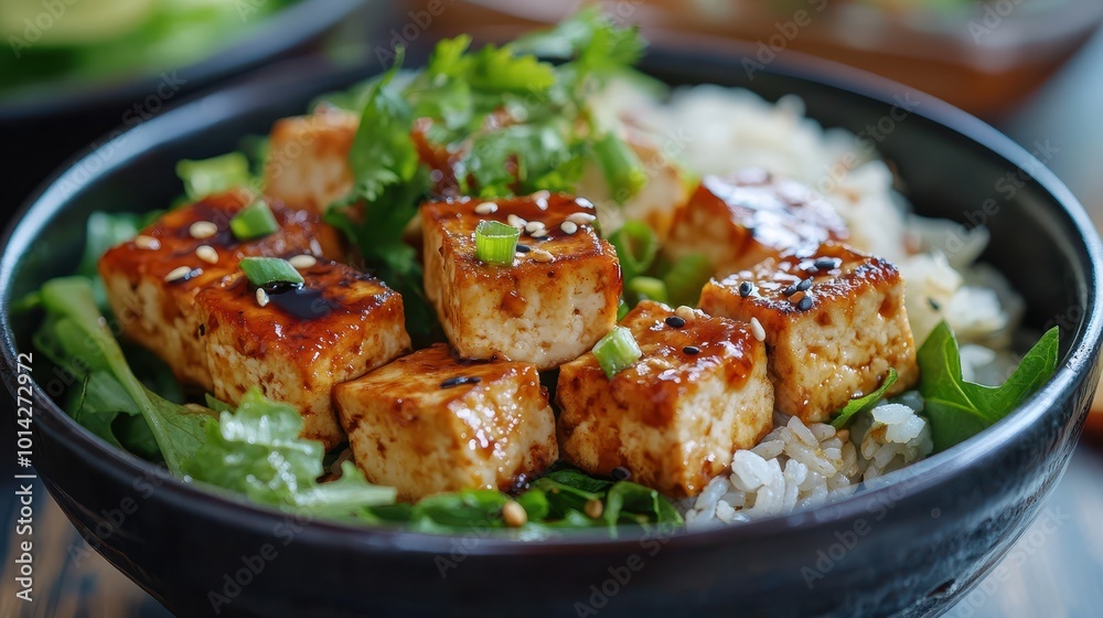 Fototapeta premium Tofu with rice in green salad, healthy dish and gourmet vegan lunch, vegetarian food and dinner delicious fresh meal in Asian cuisine sauce plate