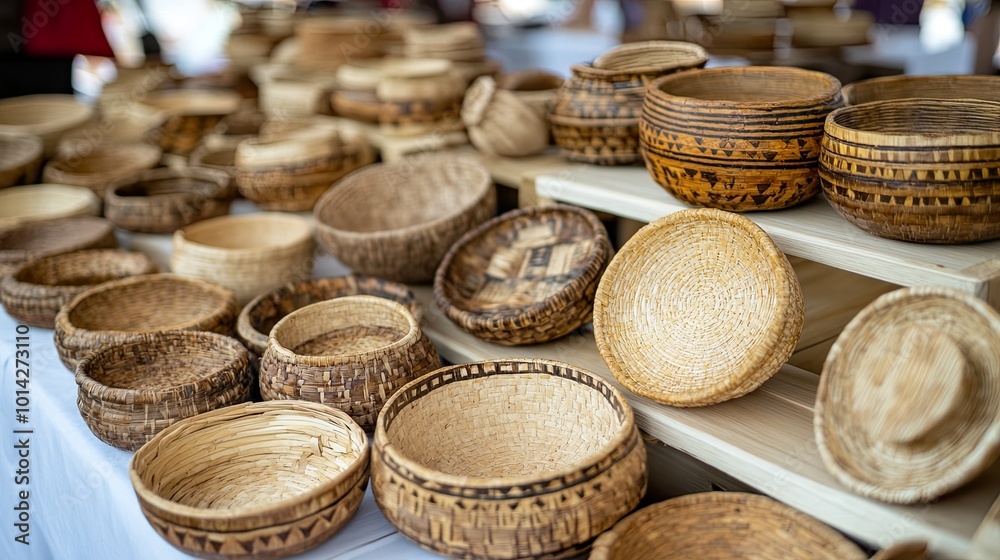 Display of intricately woven decorative bowls. Display of intricately woven decorative bowls.