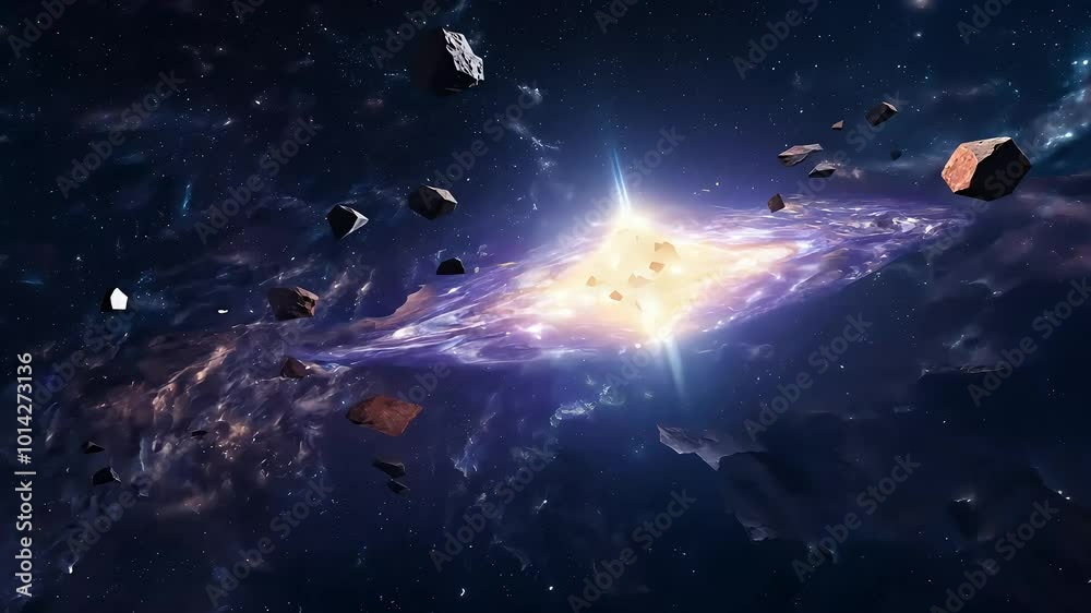 Dive cosmos seamless loop video depicting asteroid belt collision swarm asteroids illuminated volumetric light rays captivating 4K animation captures essence deep space exploration cosmic phenomena Dive cosmos seamless loop video depicting asteroid belt collision swarm asteroids illuminated volumetric light rays captivating 4K animation captures essence deep space exploration cosmic phenomena