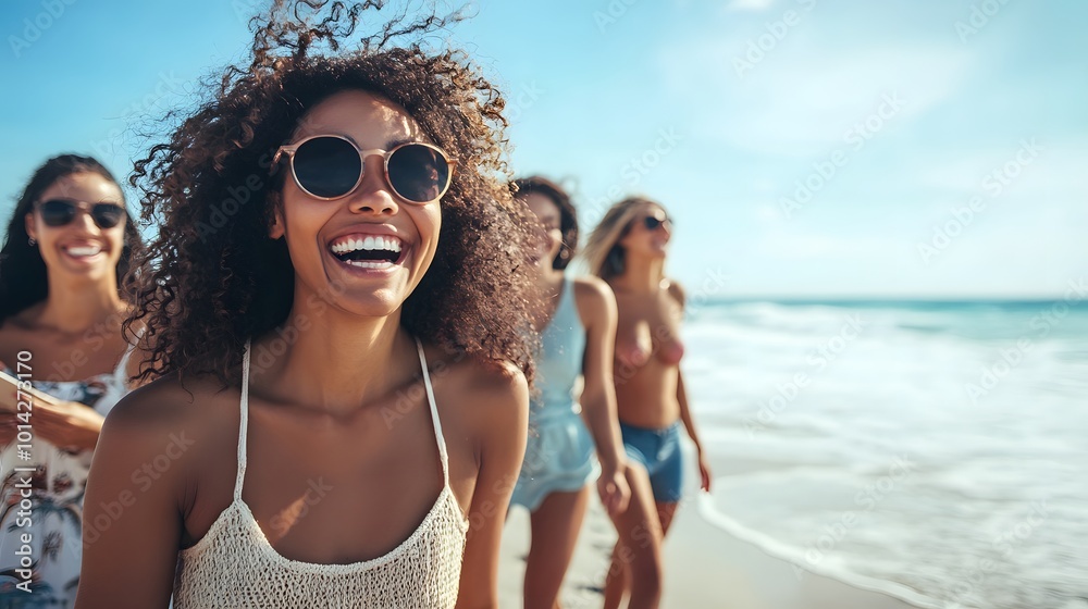 A Happy Young Woman with Curly Hair Walking on the Beach A Happy Young Woman with Curly Hair Walking on the Beach