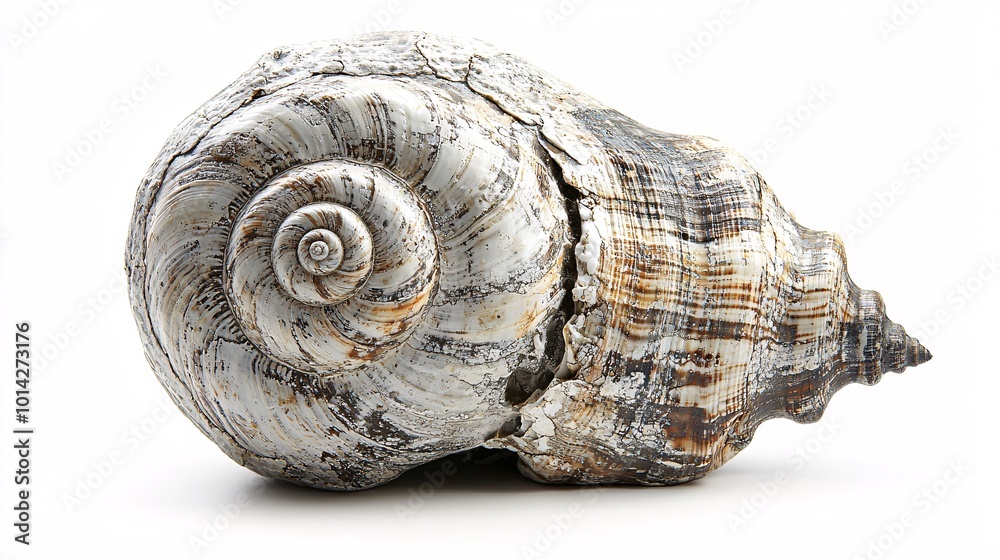 A delicately worn shell reveals stunning textures and patterns, emphasizing nature's craftsmanship against a stark white backdrop. A delicately worn shell reveals stunning textures and patterns, emphasizing nature's craftsmanship against a stark white backdrop.