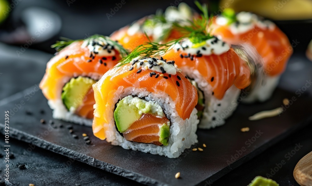 Close-up of salmon sushi rolls with avocado and cream cheese, topped with black sesame seeds and dill. Close-up of salmon sushi rolls with avocado and cream cheese, topped with black sesame seeds and dill.