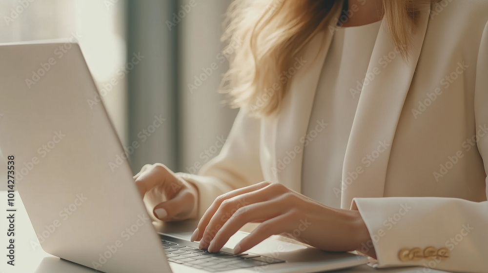 Naklejka premium a business woman working on her laptop in a minimalist office space
