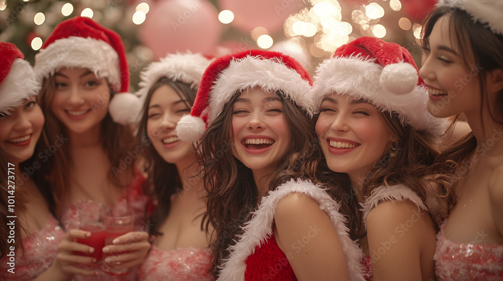 クリスマスパーティーで楽しむサンタコスチュームの女性たち クリスマスパーティーで楽しむサンタコスチュームの女性たち