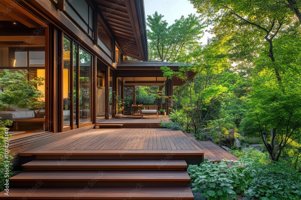 Modern Japanese Home with Deck and Garden Modern Japanese Home with Deck and Garden