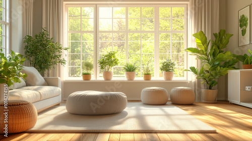 A cozy and stylish modern family room featuring large windows, wooden floors, and neutral-toned furniture