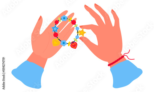 Friendship retro bracelet with hands isolated on white background. Beads bracelet in hands. Cartoon cute bracelet made of colorful beads. Plastic jewelry for wrist.