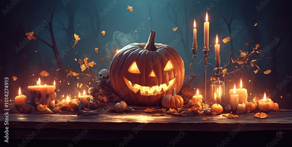 Fototapeta premium Scary Halloween Pumpkin on Wooden Planks Background