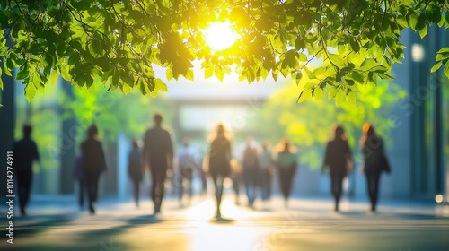 Blurred background of people walking in the street with green trees and sunlight.