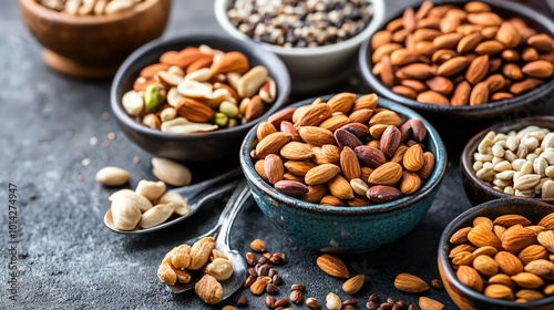 Mixed nuts and seeds arranged in bowls on a dark textured background.