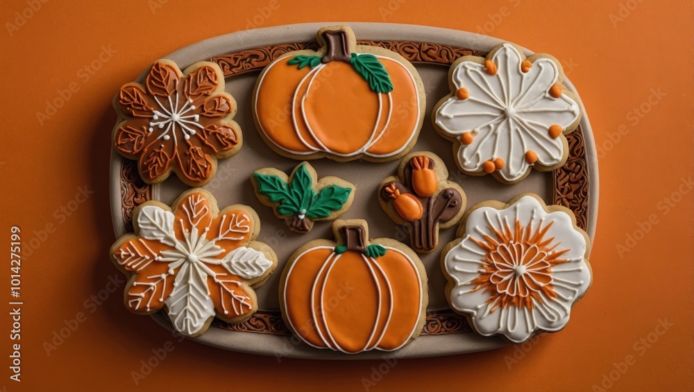 Halloween-Themed Cookies with Pumpkin, Leaf, and Spider Designs on Tray Halloween-Themed Cookies with Pumpkin, Leaf, and Spider Designs on Tray