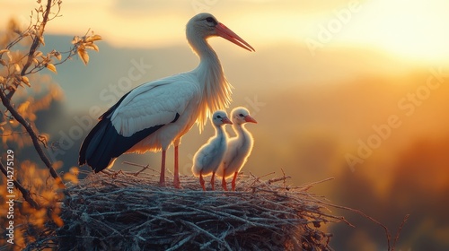 Stork bird family in nest with newborn baby and mother, birdwatching and wildlife love in nature, with white animal and wild fauna beak in sky and wing feather outdoor