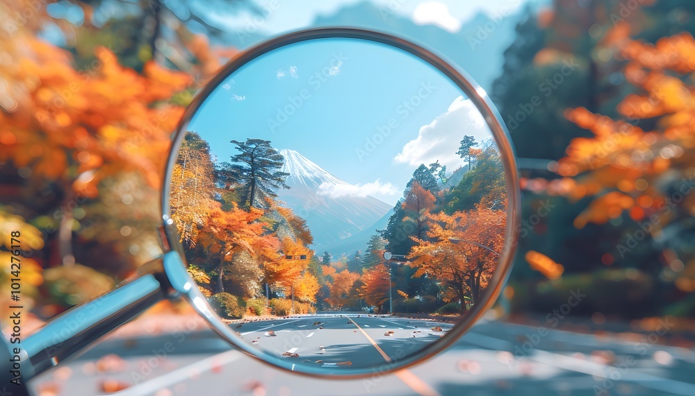 Mountains reflect in car side mirror on roadtrip. Mountains reflect in car side mirror on roadtrip.