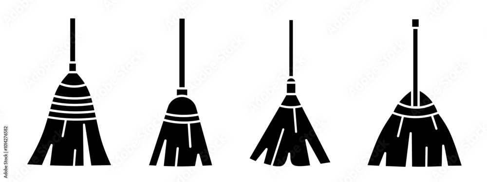 Broom icon illustration. Black and white broom icon set. Stock vector collection. Broom icon illustration. Black and white broom icon set. Stock vector collection.