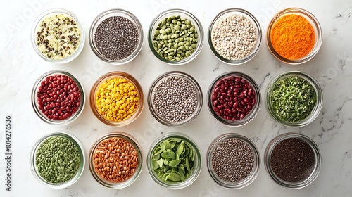 Variety of colorful spices and legumes arranged in glass jars on a marble surface.