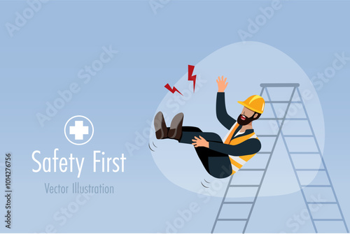 Industrial worker falling from ladder. Safety first, careless and accident at construction site concept. Vector  photo