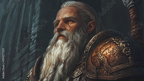 Dwarven clan member - epic fantasy portrait with intricate detail in digital painting. Dwarven Fortress. Illustration photo