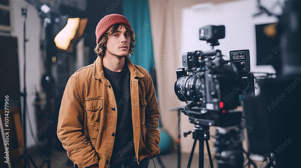 Young man in studio filming with camera
Young man in studio filming with camera