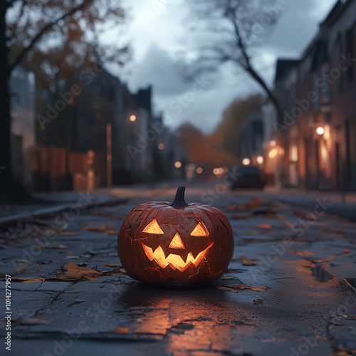 On Halloween evening, on the streets of the communit，there is a Halloween pumpkin in the foreground, with the background blurred photo