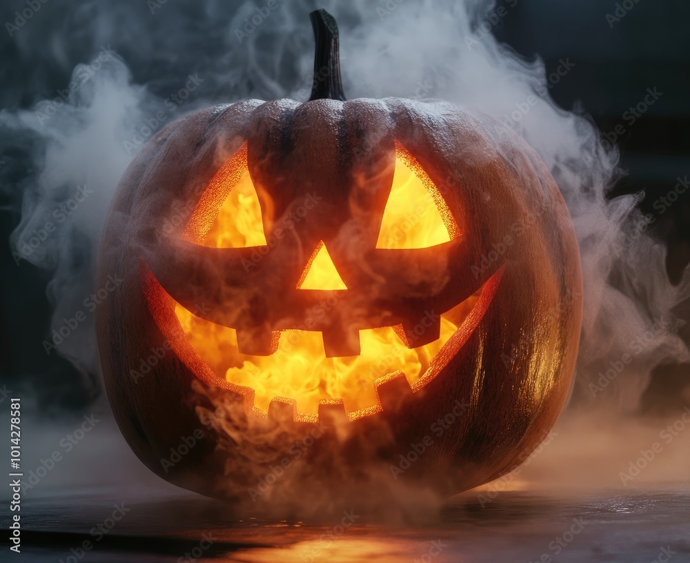 A carved pumpkin with a lit candle inside, surrounded by smoke. A carved pumpkin with a lit candle inside, surrounded by smoke.