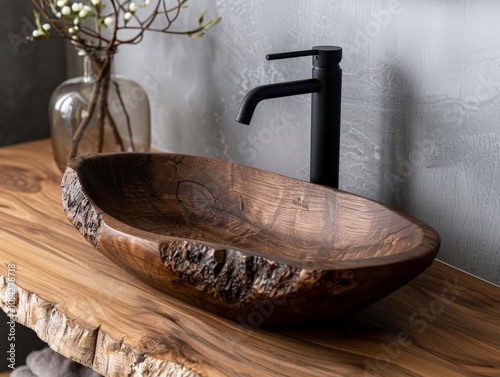 Wooden Sink with Black Faucet photo