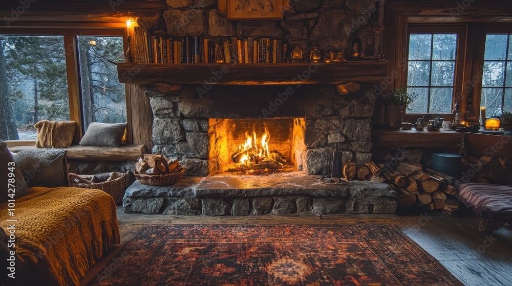 photo of a cozy fireplace with stonewall photo of a cozy fireplace with stonewall