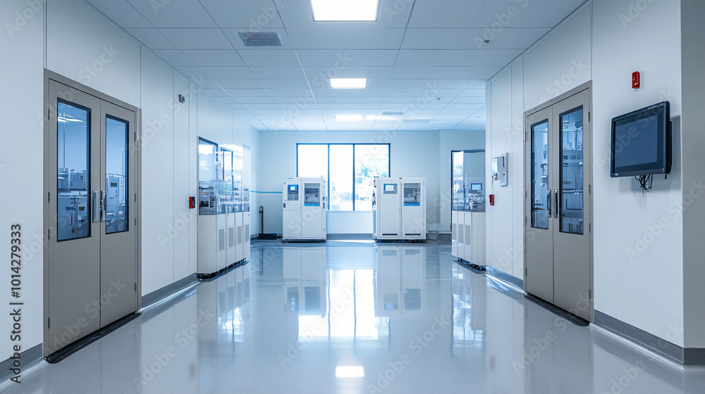 A clean room facility manufacturing semiconductor devices under strict environmental controls. A clean room facility manufacturing semiconductor devices under strict environmental controls.