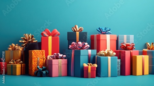 Generative AI illustration of colorful gifts with ribbons and bows placed on blue background