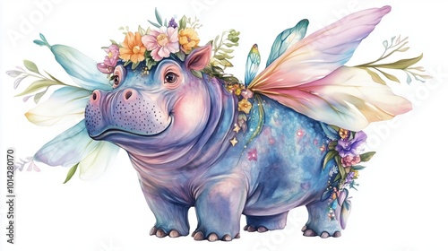 Isolated ,colourful watercolour of the female e hippopotamus with a flower crown, beautiful wings ,suitable for children book or fantasy story.