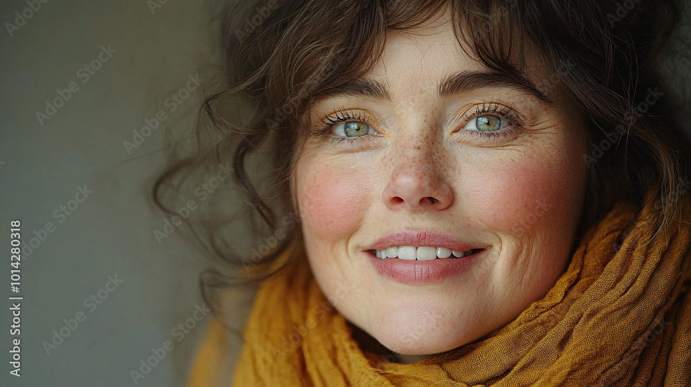 smiling woman with freckles wearing a yellow scarf - portrait, close-up, happy, studio shoot smiling woman with freckles wearing a yellow scarf - portrait, close-up, happy, studio shoot