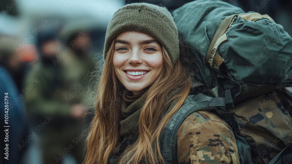 Cheerful female soldier returned home Cheerful female soldier returned home