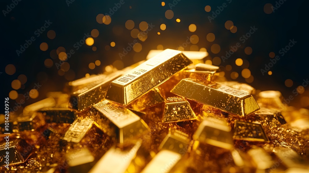 Glimmering gold bars stacked with sparkling particles Glimmering gold bars stacked with sparkling particles