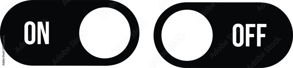 ON OFF toggles switch buttons vector set. Black On Off switcher icons. Modern web and mobile app switch button interface elements. Setting toggle icon design. Vector illustration. ON OFF toggles switch buttons vector set. Black On Off switcher icons. Modern web and mobile app switch button interface elements. Setting toggle icon design. Vector illustration.
