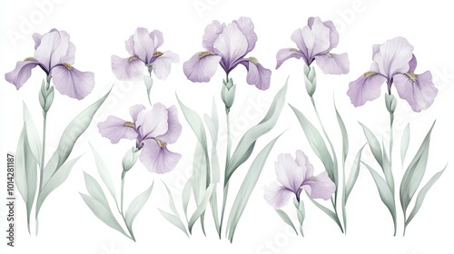 Delicate Watercolor Irises and Leaves Floral Pattern on White Background