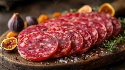 Sliced cured sausage rounds arranged on a rustic platter