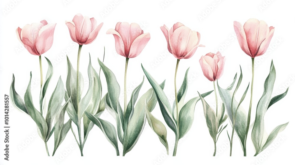 Delicate Pastel Watercolor of Soft Pink Tulips on White Background Delicate Pastel Watercolor of Soft Pink Tulips on White Background