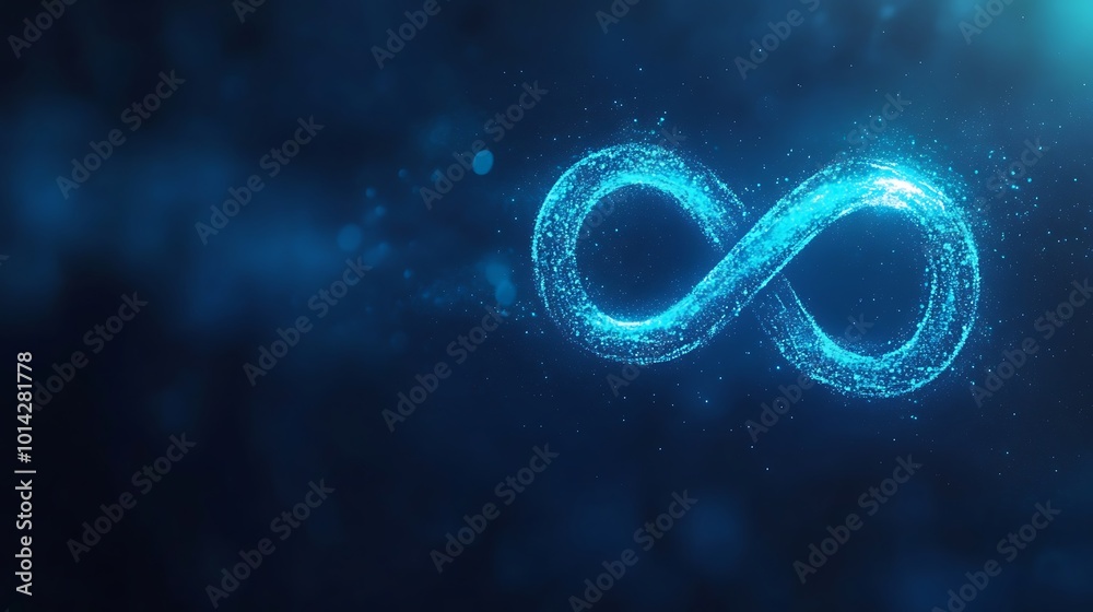 A glowing blue infinity symbol made of particles on a dark blue background.