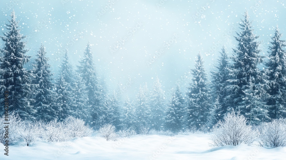 Fototapeta premium Winter landscape background. Snowing forest with fir trees on a snowy day.