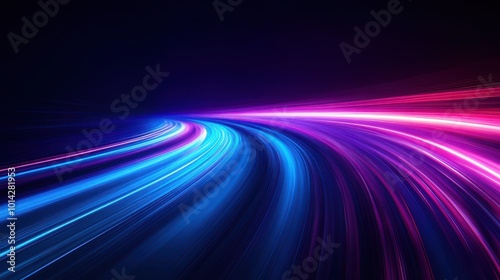 Motion Speed neon light trail on dark background, abstract blue and purple light with high speed curve beam.