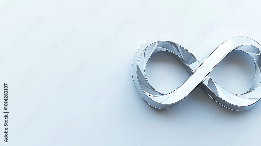 Fototapeta premium A 3D rendering of a silver infinity symbol on a white background, with a lot of copy space.