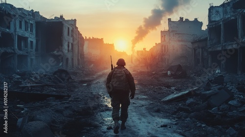 Lone soldier walking in destroyed city