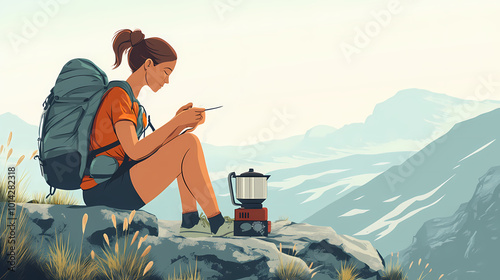 Female hiker cooking with compact, windproof stove at a windy cliff edge, hiking trail gear, meal prep in tough conditions. Windy Cliffs. Illustration photo