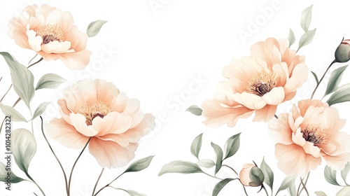 Delicate Watercolor Peony Bouquet in Peach and Green on White Background