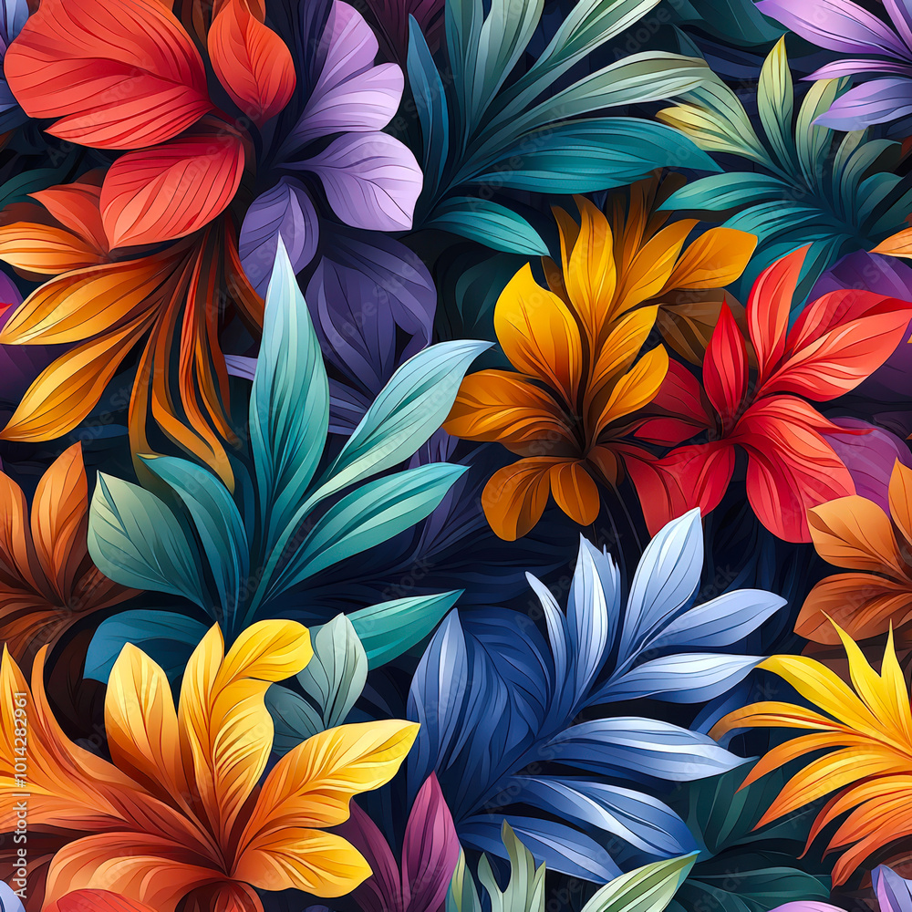 A seamless colorful pattern of vibrant diverse tropical plants. Stylish trendy wallpapers. Plant botanical background. The image is filled with life and energy A seamless colorful pattern of vibrant diverse tropical plants. Stylish trendy wallpapers. Plant botanical background. The image is filled with life and energy