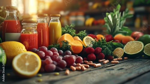 Colorful fruits and juices arranged on a wooden table in natural light.